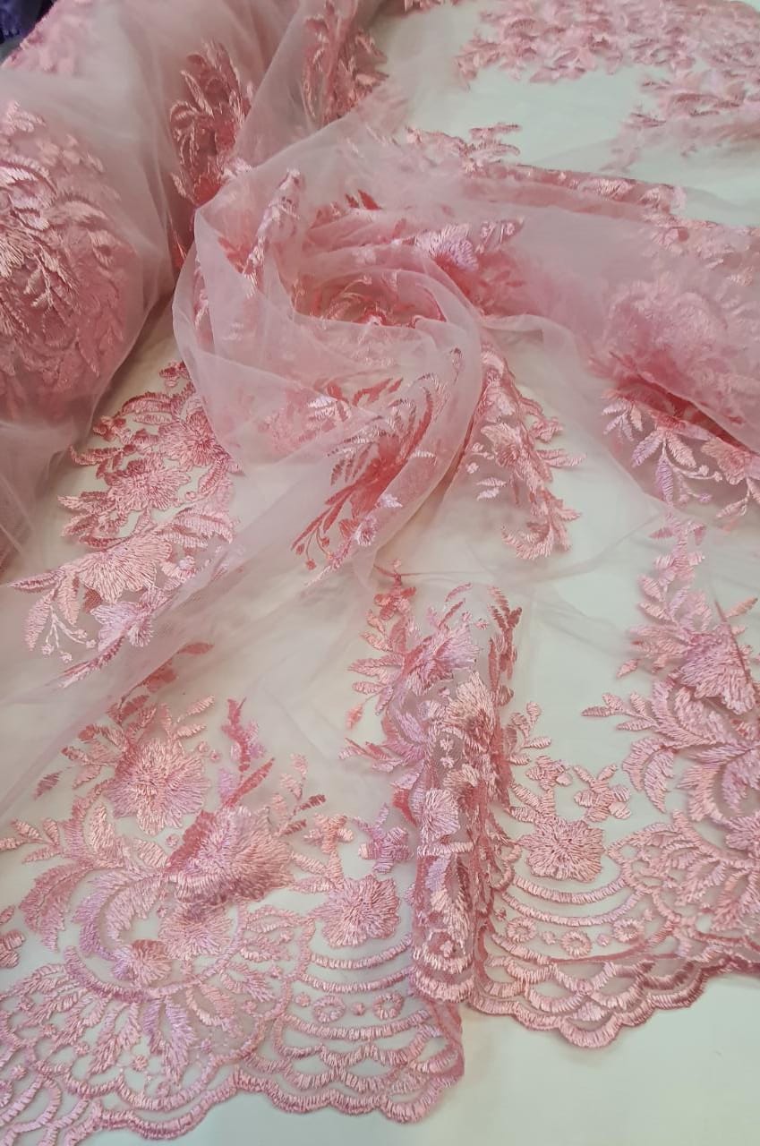 Tule Bordado Com Bico Rosa Bebê 03