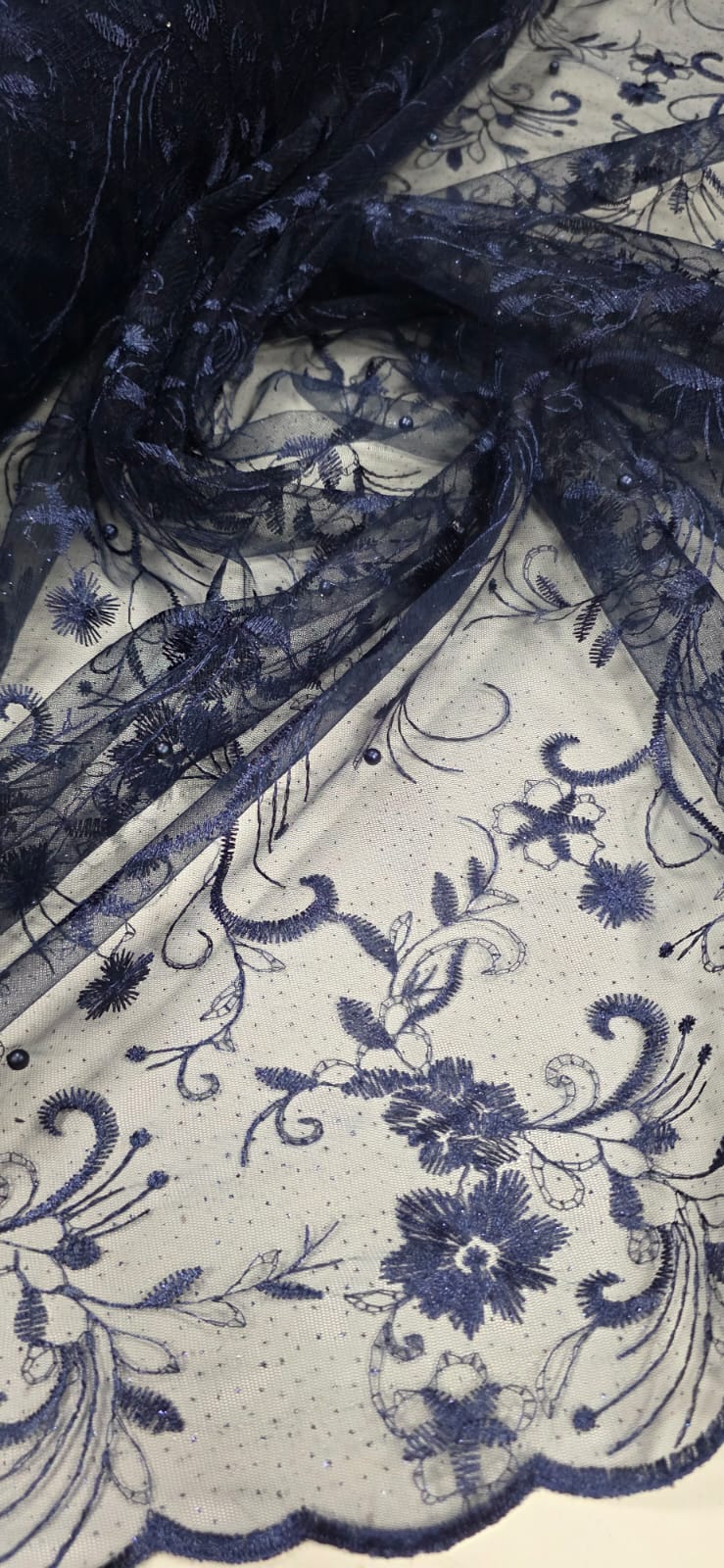 Tule Bordado com Pérolas e Glitter Turim Azul Marinho Modelo 03