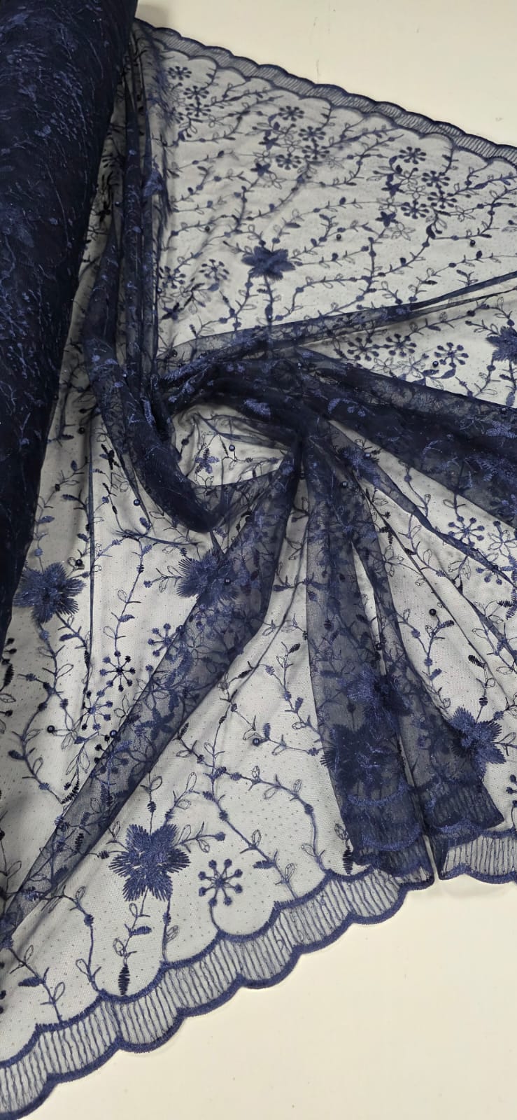 Tule Bordado com Pérolas e Glitter Turim Azul Marinho Modelo 05