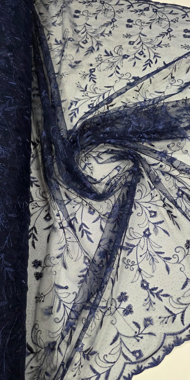 Tule Bordado com Pérolas e Glitter Turim Azul Marinho Modelo 06