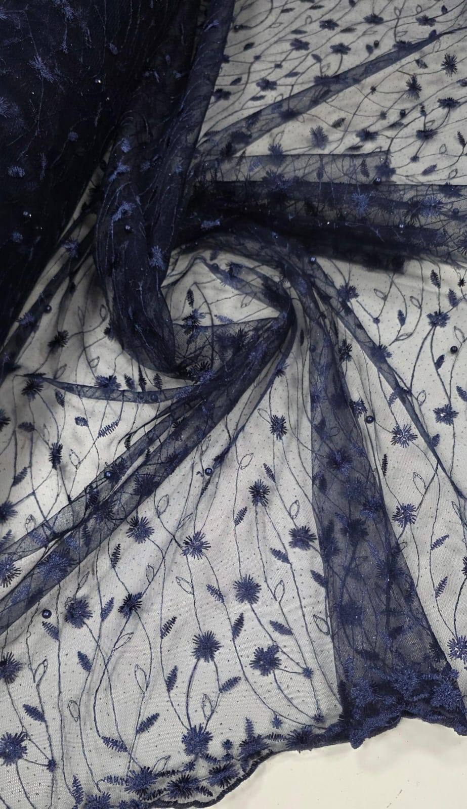 Tule Bordado com Pérolas e Glitter Turim Azul Marinho Modelo 07