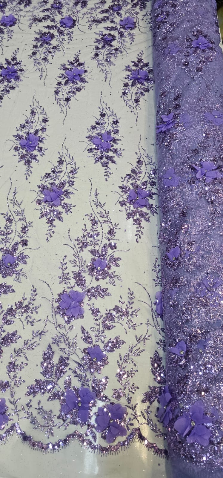Tule Bordado com Glitter  3D Lilás  ST3853   