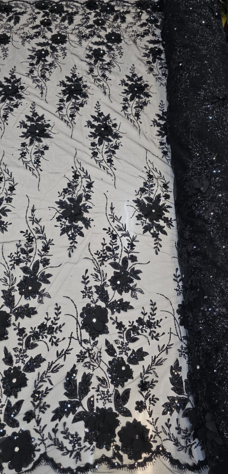 Tule Bordado com Glitter  3D Preto  ST3853  