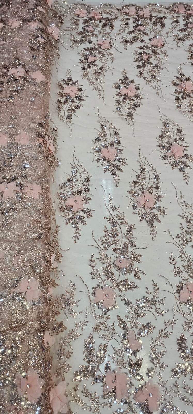 Tule Bordado com Glitter  3D Rosê Gold ST3853 