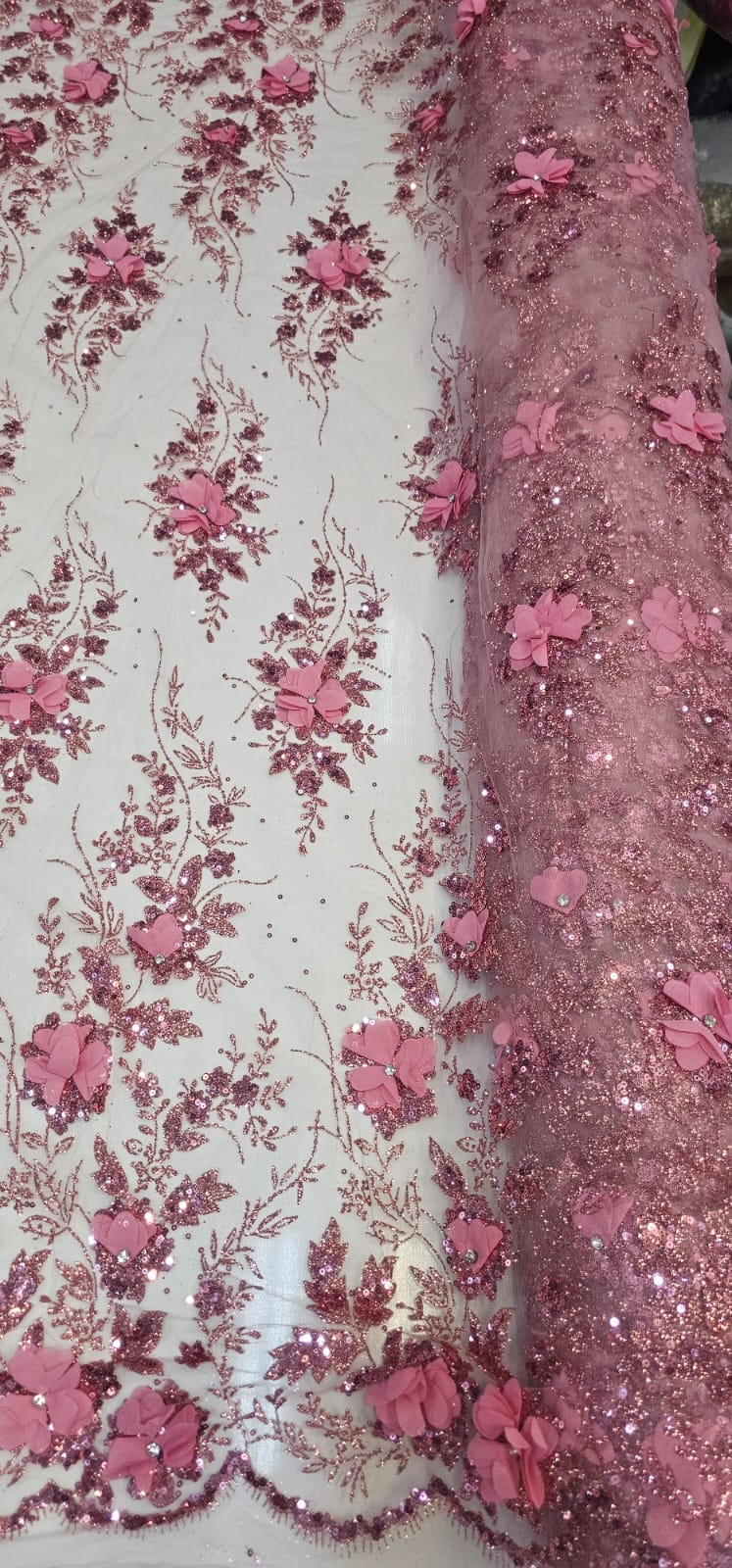 Tule Bordado com Glitter  3D Rosê ST3853