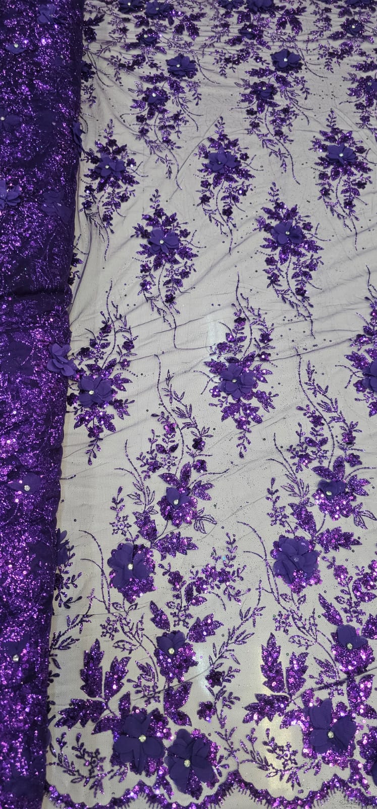 Tule Bordado com Glitter  3D Roxo ST3853   