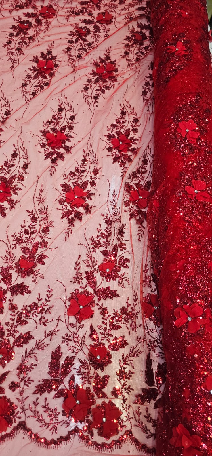 Tule Bordado com Glitter  3D Vermelho Ferrari ST3853 