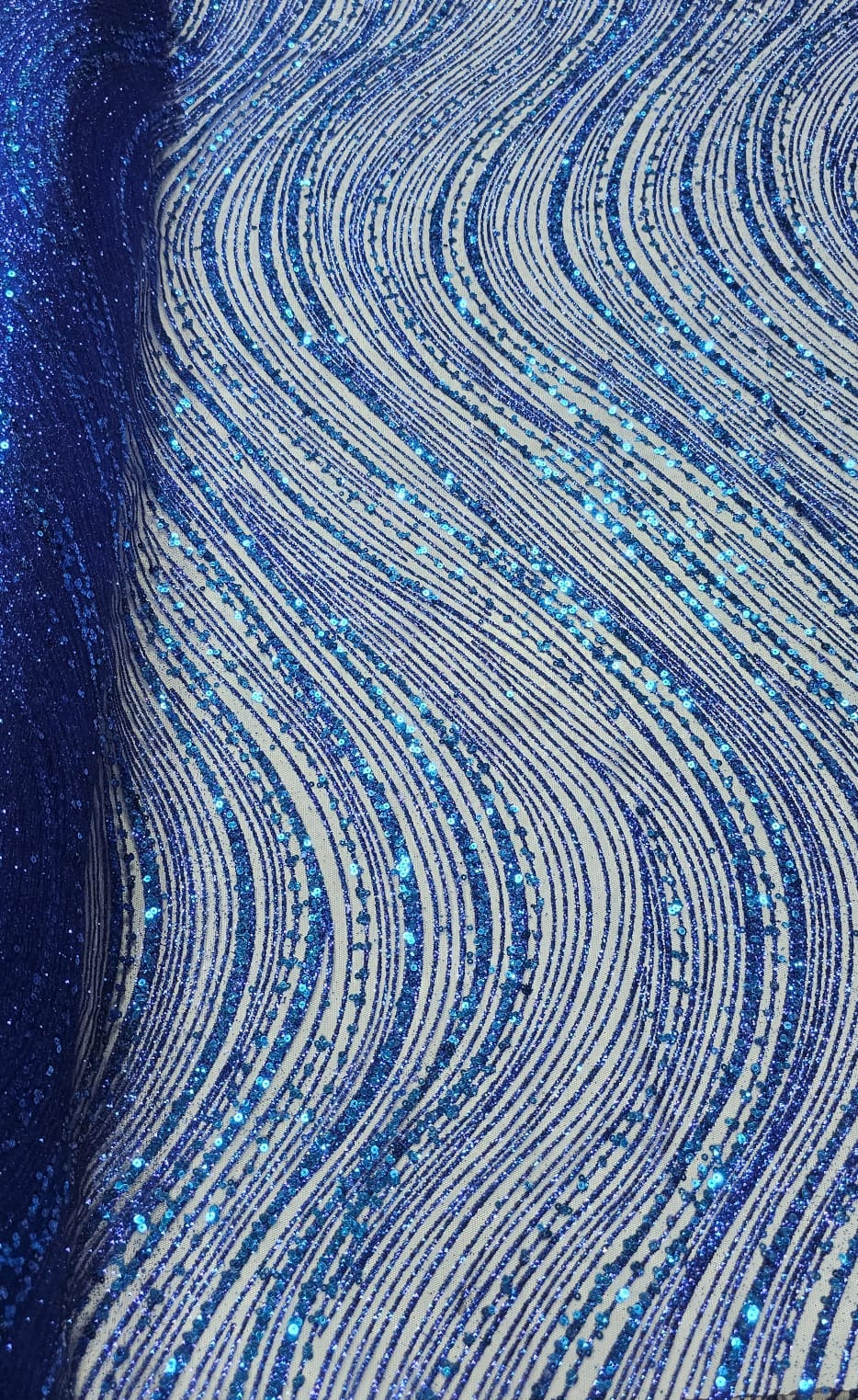 Tule Bordado com Glitter  e Paetê Azul Royal Wave P224  
