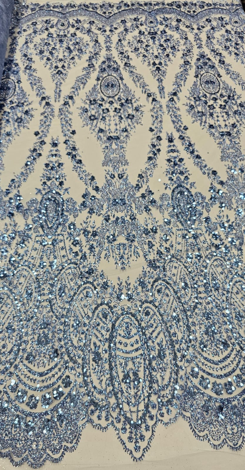 Tule Bordado com Glitter e Paetê Azul Serenity Modelo 3563