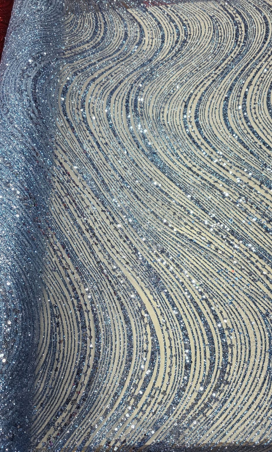 Tule Bordado com Glitter  e Paetê Azul Serenity  Wave P224  
