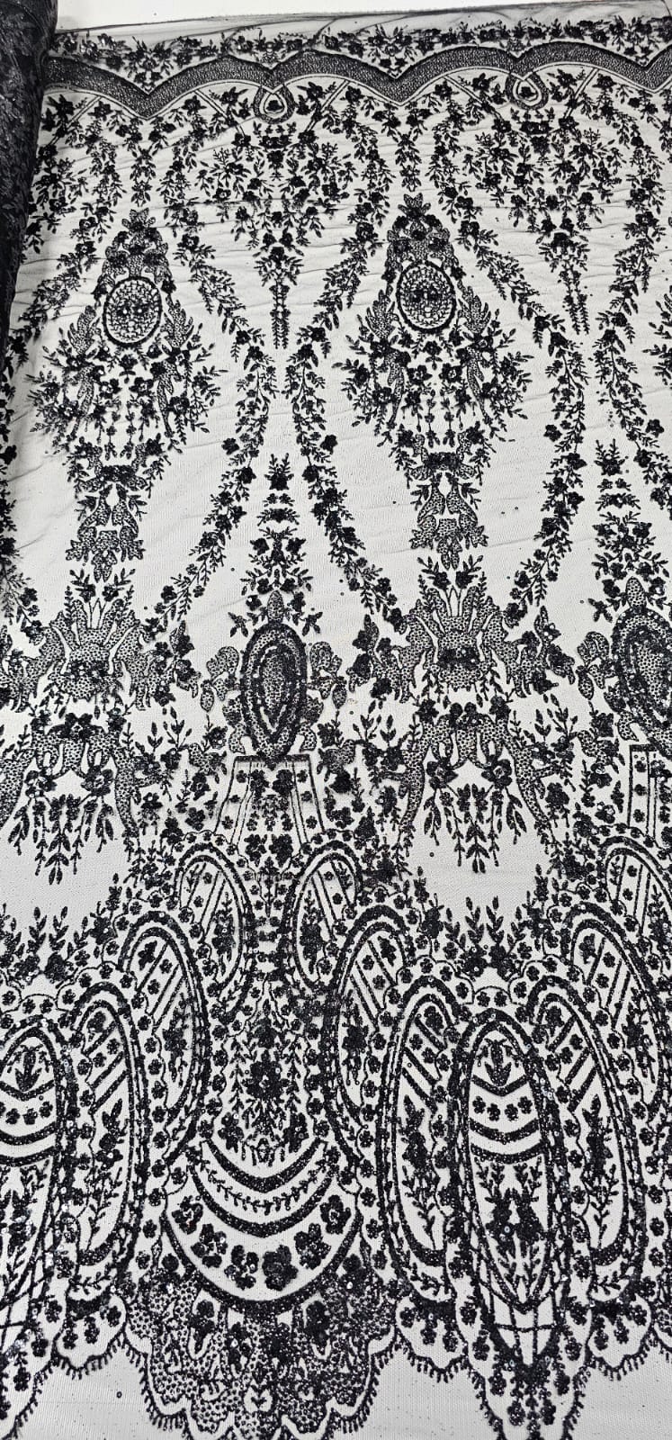 Tule Bordado com Glitter e Paetê Preto Modelo 3563