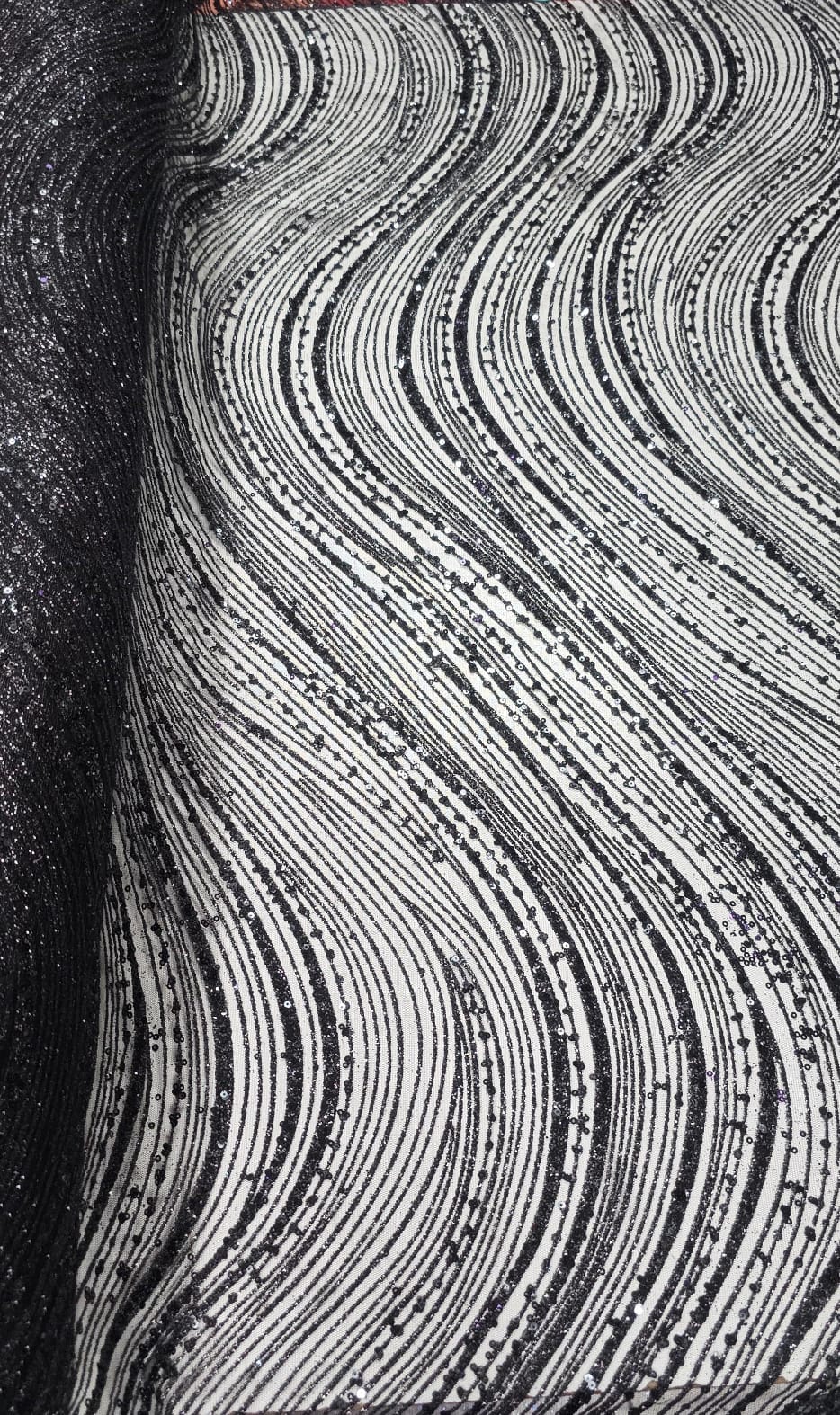 Tule Bordado com Glitter  e Paetê Preto  Wave P224   
