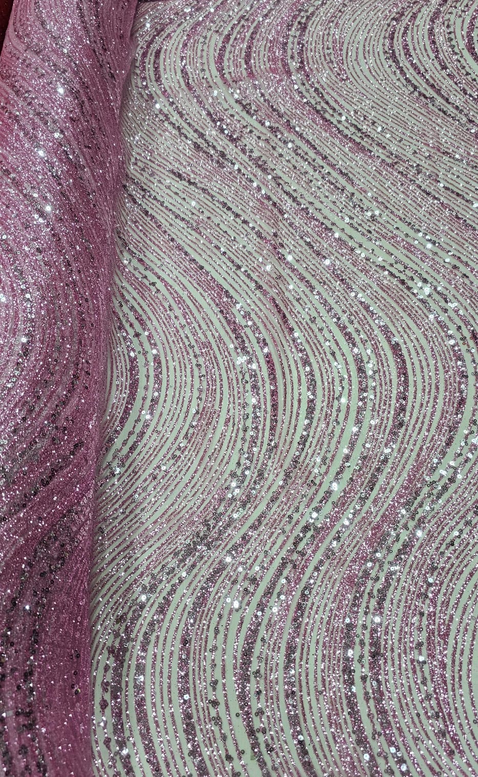 Tule Bordado com Glitter  e Paetê Rosa Bebê  Wave P224  