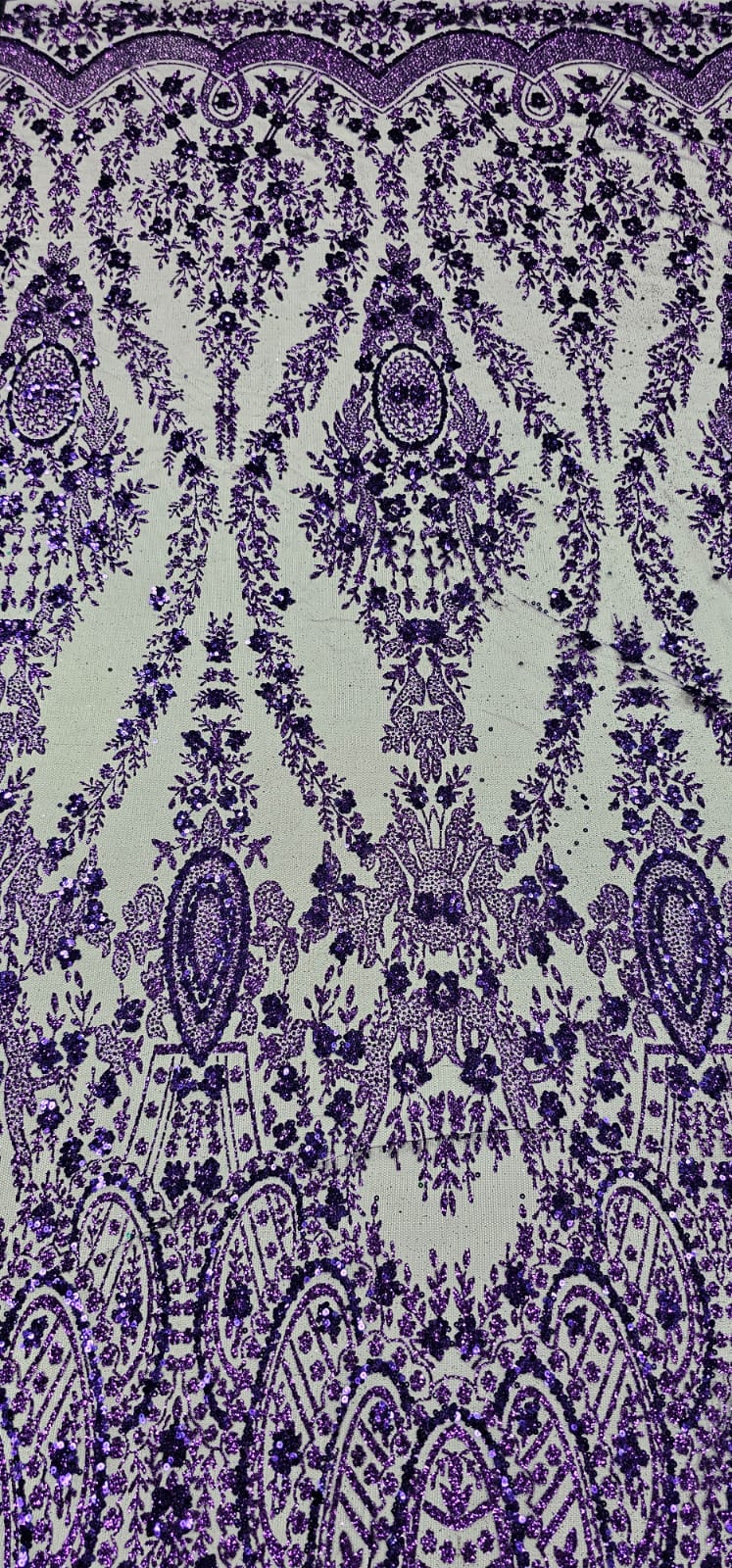 Tule Bordado com Glitter e Paetê Roxo Modelo 3563