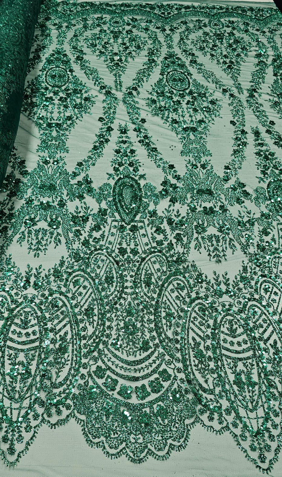 Tule Bordado com Glitter e Paetê Verde Esmeralda Modelo 3563