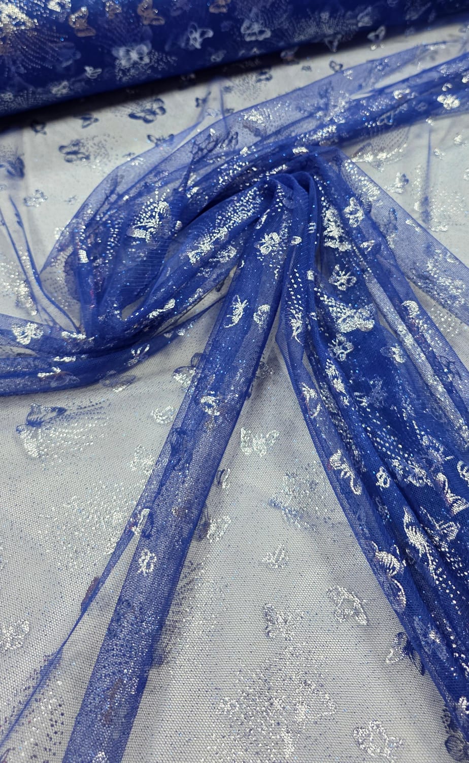 Tule com Glitter Fantasy Borboletas Azul Royal