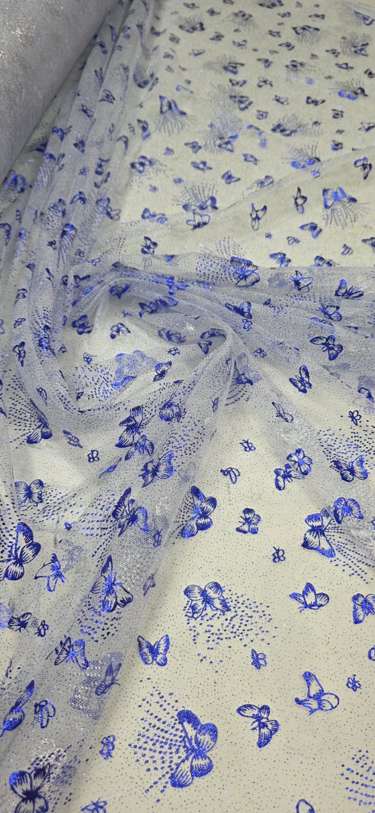 Tule com Glitter Fantasy Borboletas Branco com Azul Royal
