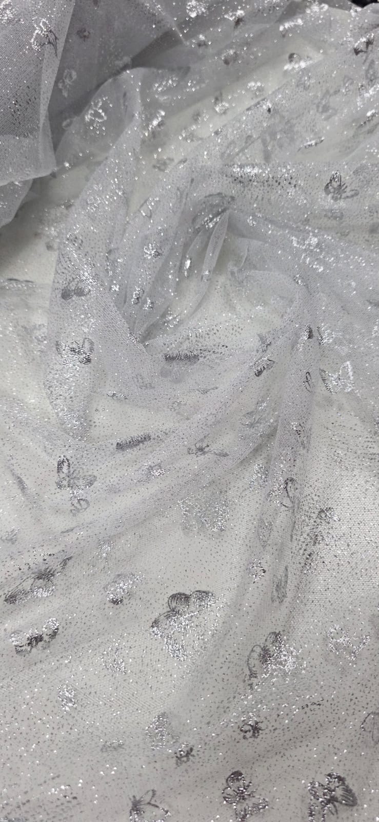 Tule com Glitter Fantasy Borboletas Branco com Prata