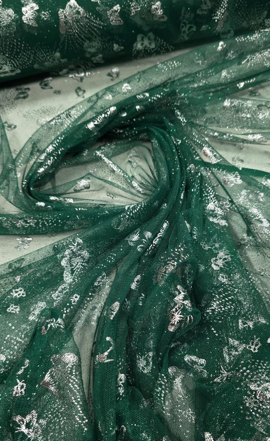 Tule com Glitter Fantasy Borboletas Verde