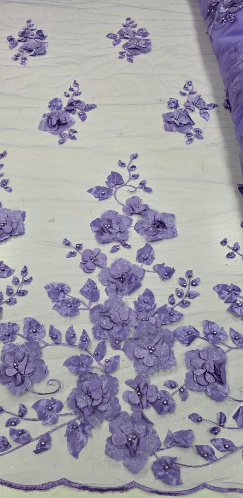 Tule Bordado Primavera 3D com Pérolas ST26 Lilás