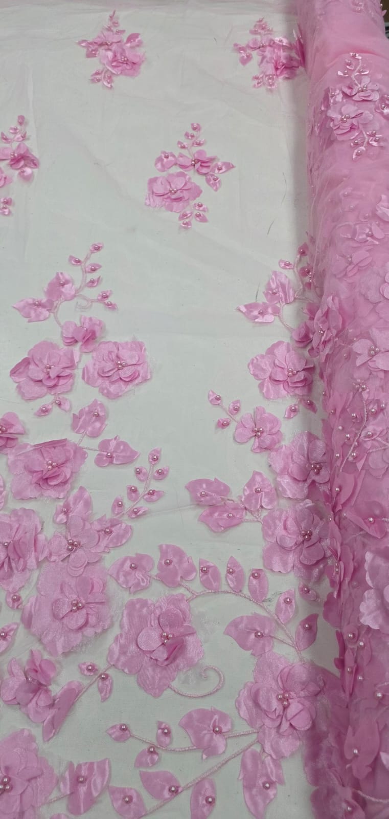 Tule Bordado Primavera 3D com Pérolas ST26 Rosa