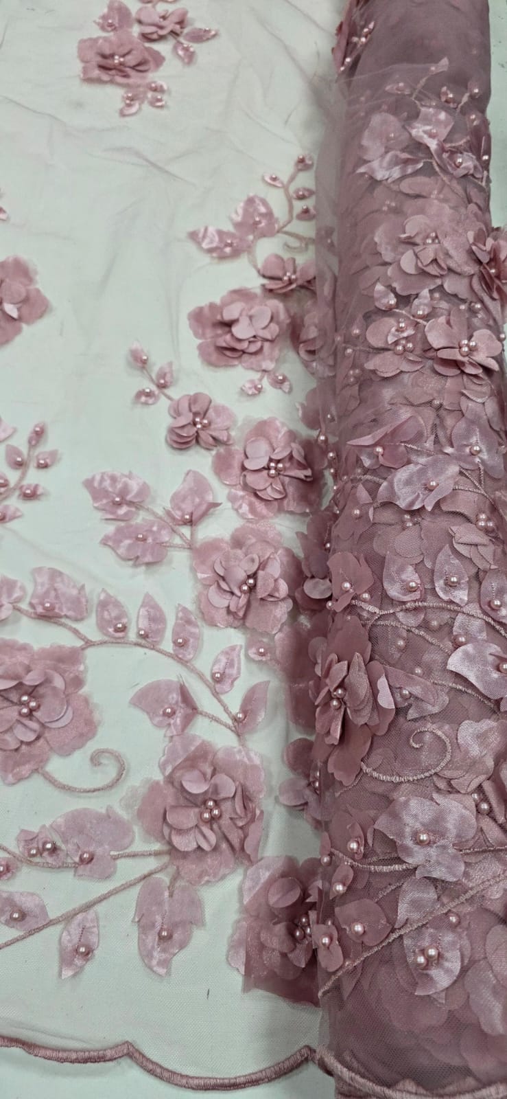Tule Bordado Primavera 3D com Pérolas ST26 Rosê