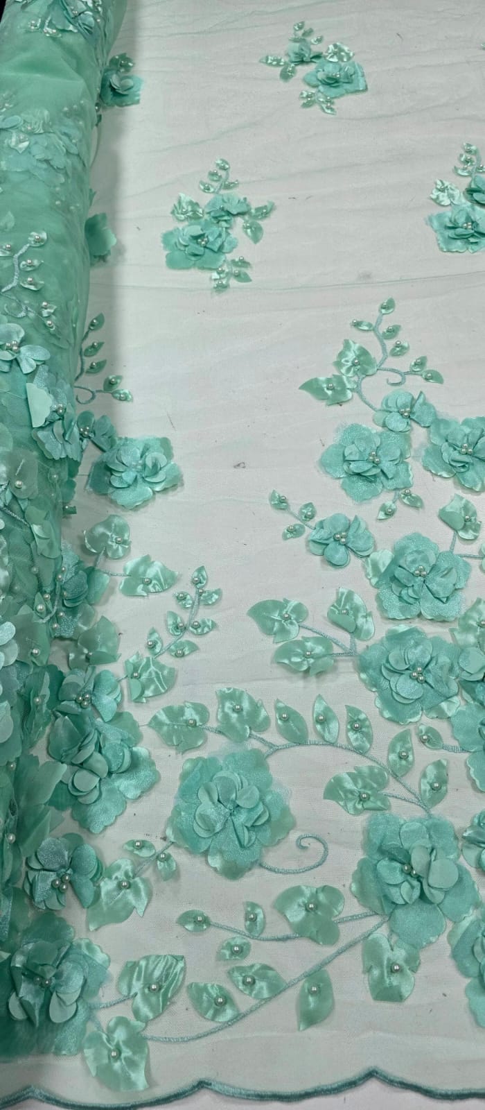 Tule Bordado Primavera 3D com Pérolas ST26 Verde Menta