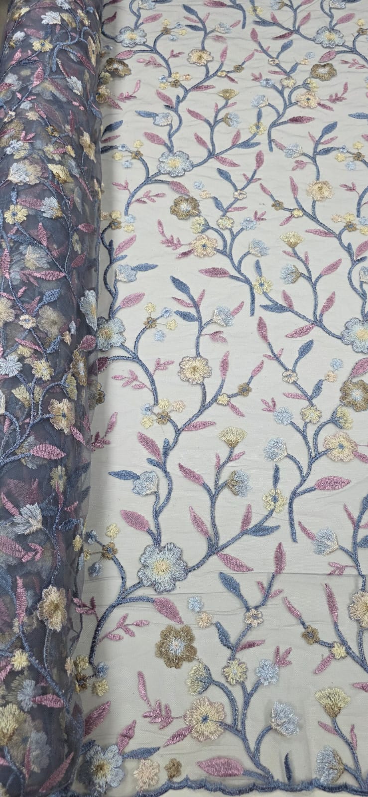 Tule Bordado Primavera Multicolor Azul Jeans