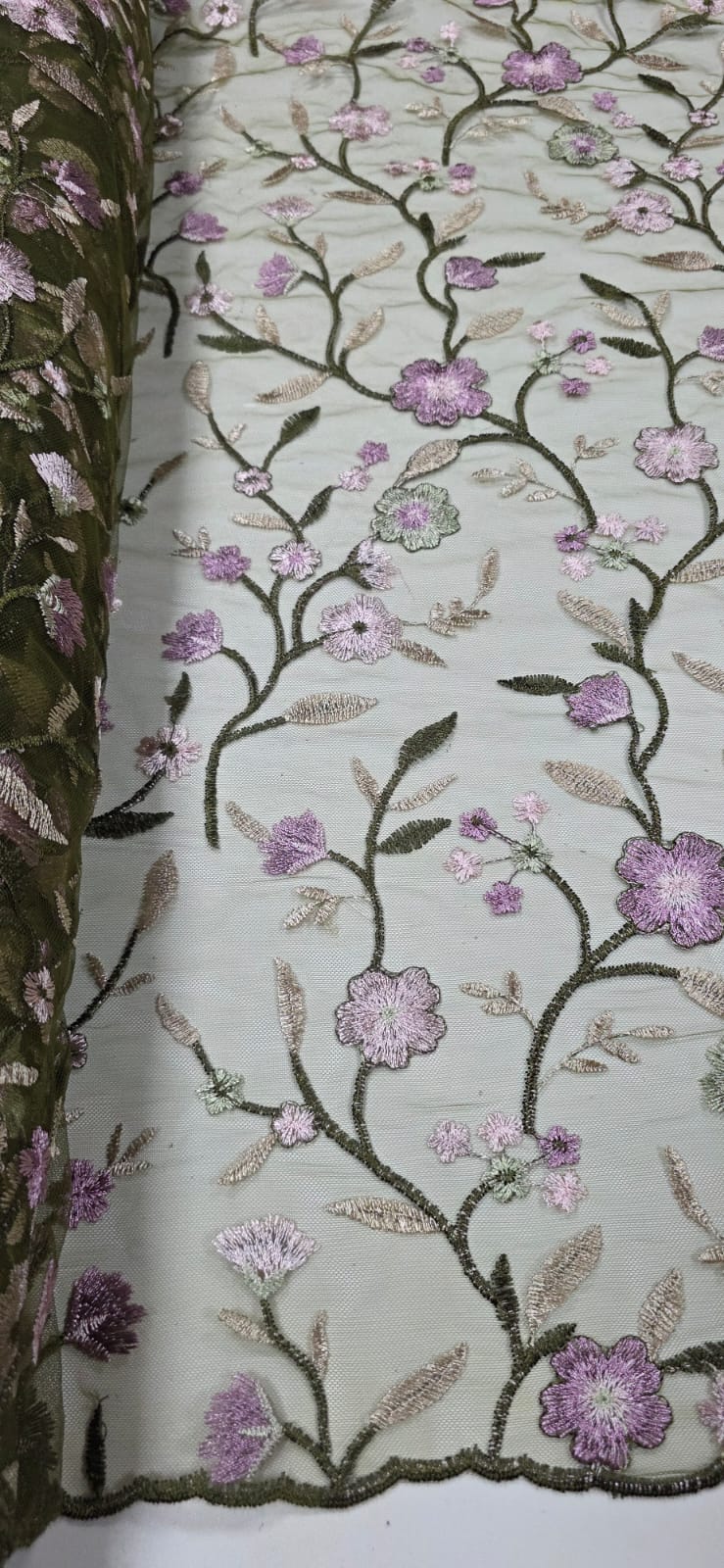 Tule Bordado Primavera Multicolor Verde Oliva