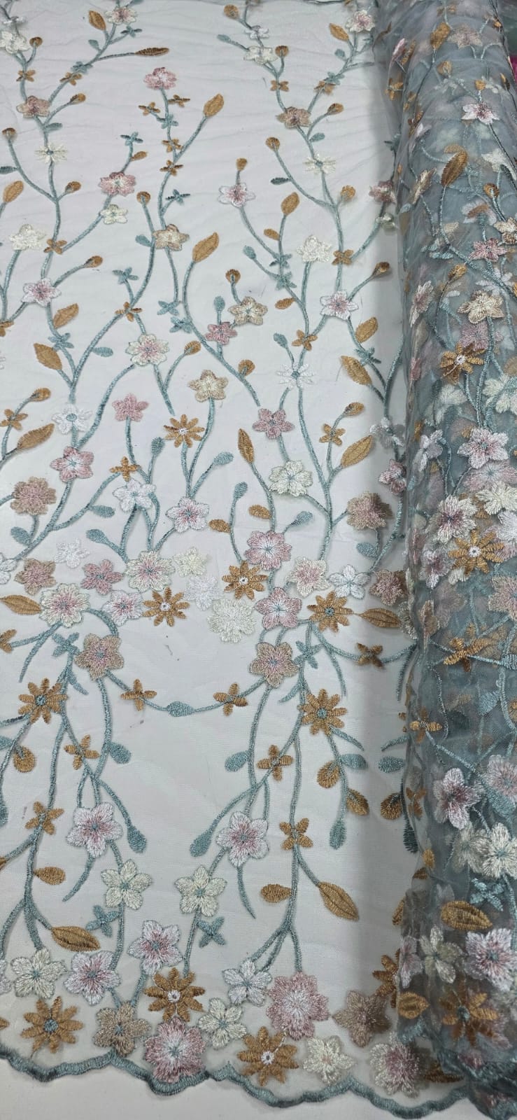 Tule Bordado Primavera Multicolor Verde Tiffany Escuro