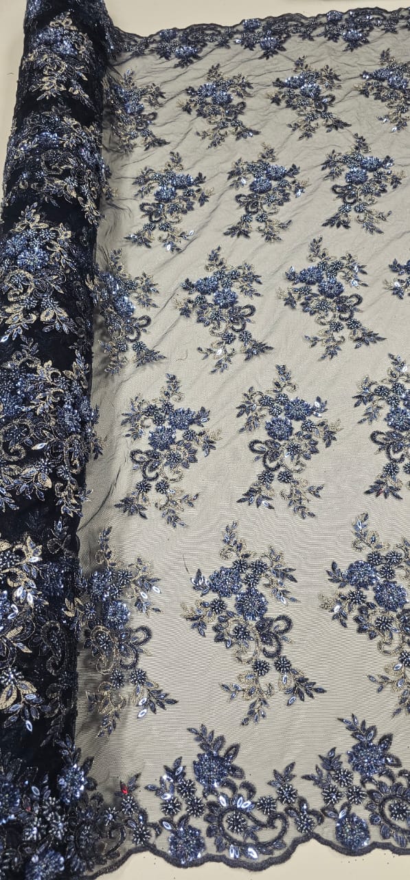 Tule Azul Marinho Bordado Coreano Com Pedrarias Multicolor Azul Jeans 9405