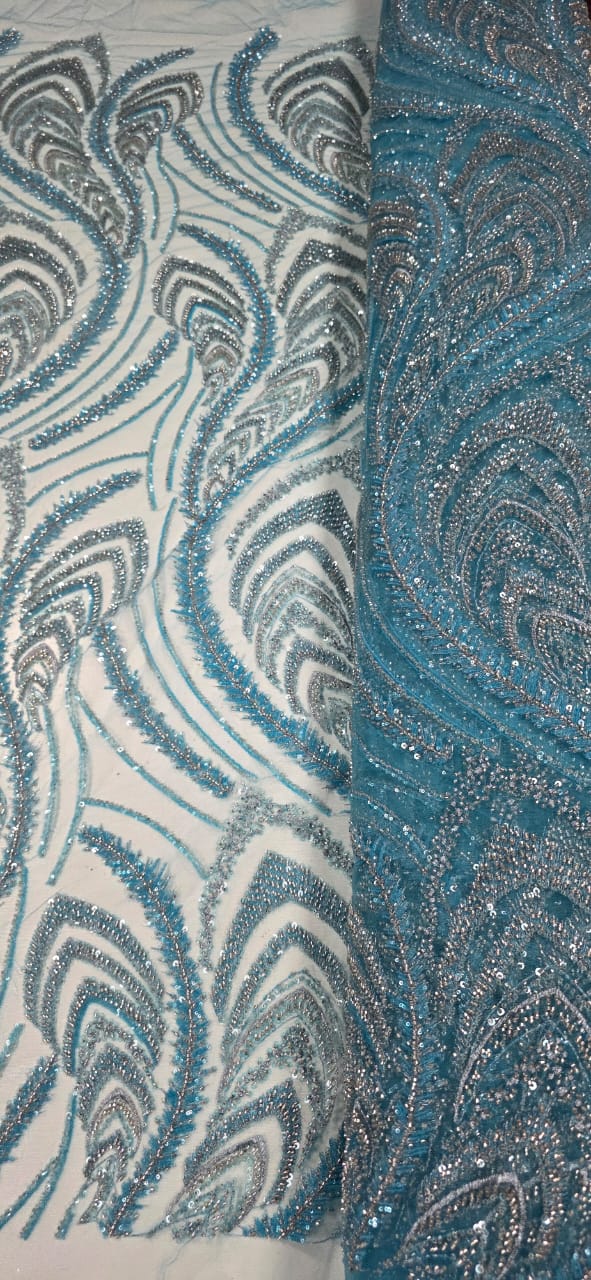 Tule Azul Turquesa Bordado Premium com Pedrarias Prata  HS1055 