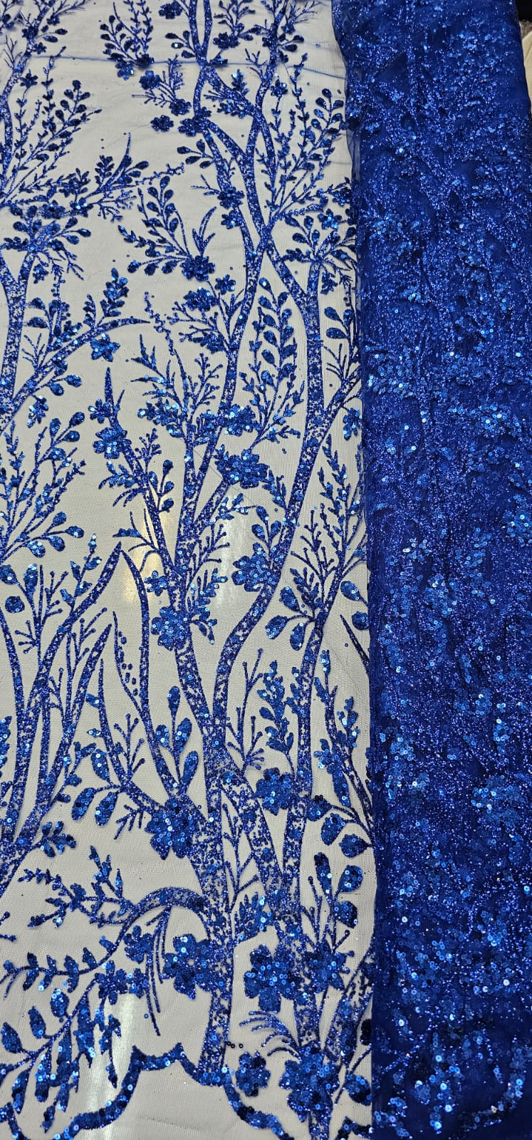 Tule Bordado com Glitter e Paetês Colados Azul Royal  ST2025 