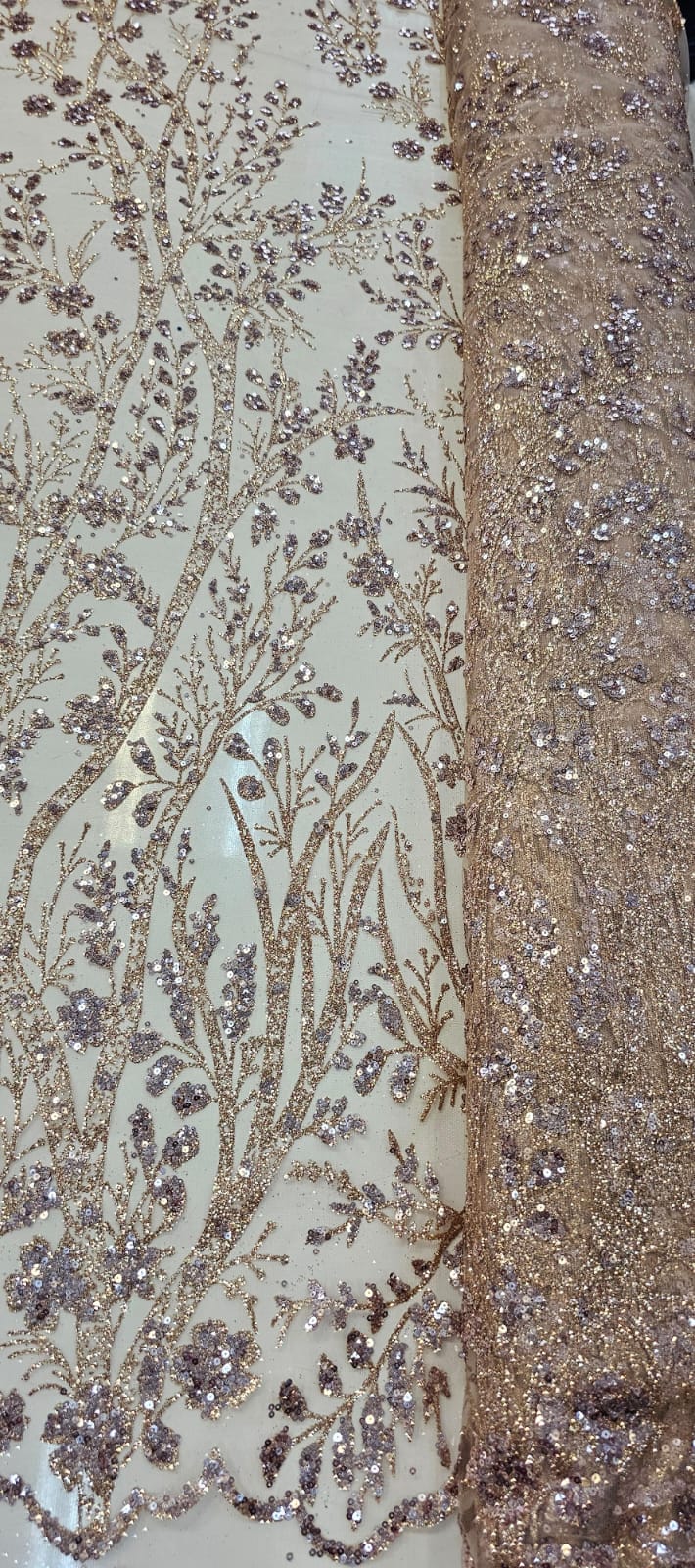 Tule Bordado com Glitter e Paetês Colados Rosê Gold  ST2025  