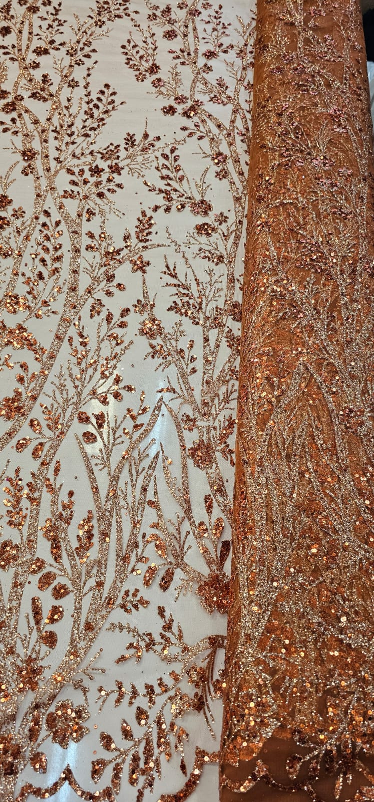 Tule Bordado com Glitter e Paetês Colados Terracota  ST2025 