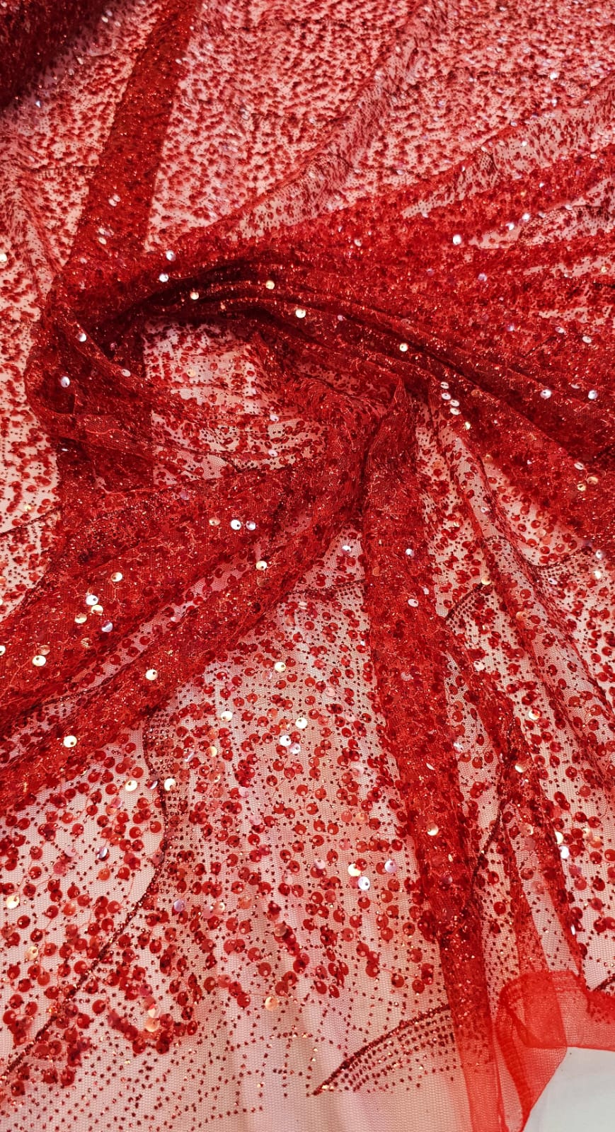 Tule Bordado com Glitter e Paetês Vermelho Cereja HS2128