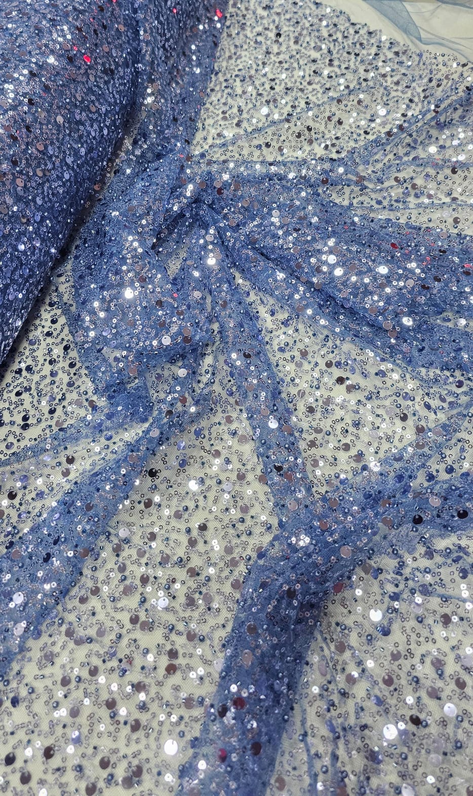 Tule Bordado com Paetês e Pedrarias Azul Jeans