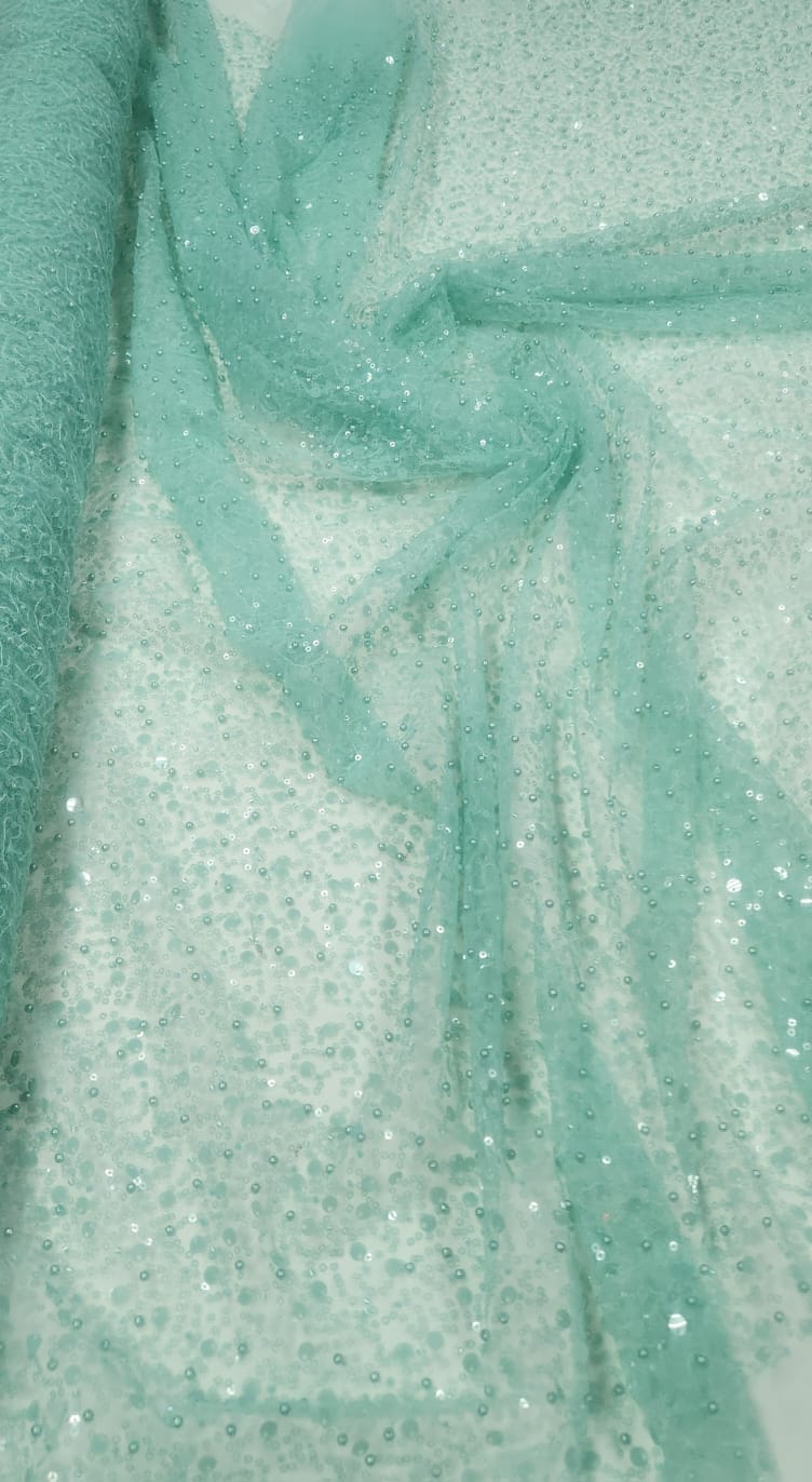 Tule Bordado com Paetês e Pedrarias Verde Tiffany
