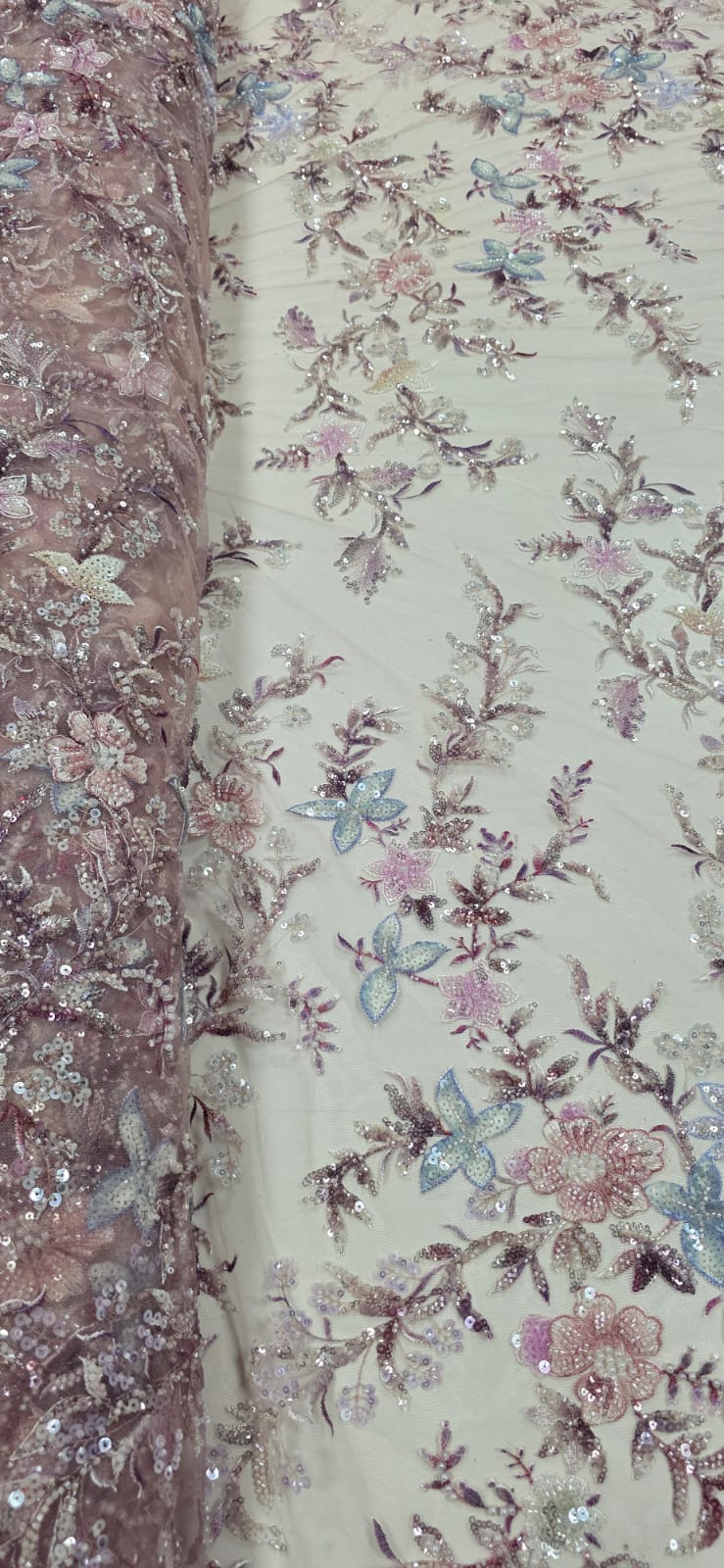 Tule Bordado com Pedrarias Premium Primavera Multicolor Rosê