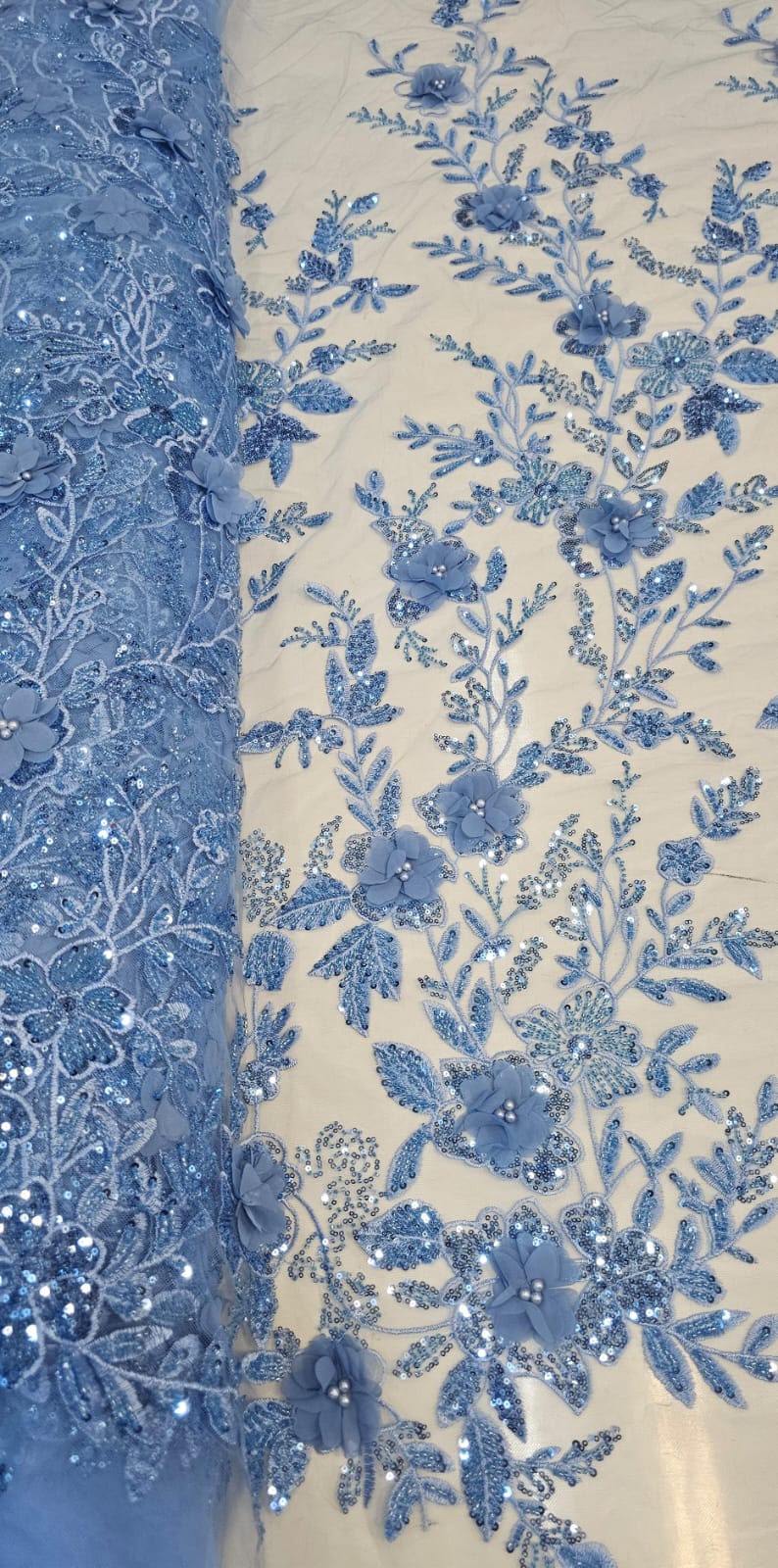 Tule Bordado Com Pedrarias e Bordados em 3D Premium Azul Serenity GDT
