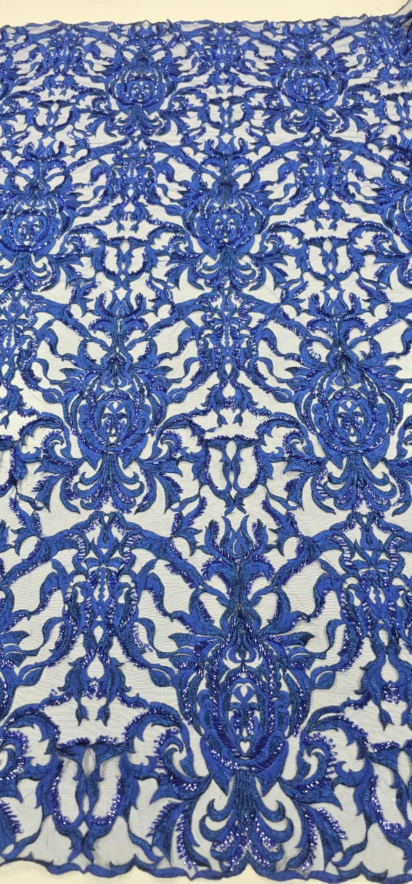 Tule Bordado com Pedrarias em Arabescos Azul Royal 9689