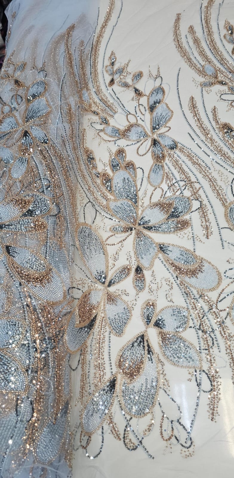 Tule Bordado com Pedrarias Premium Azul com Rosê Gold  HT70513