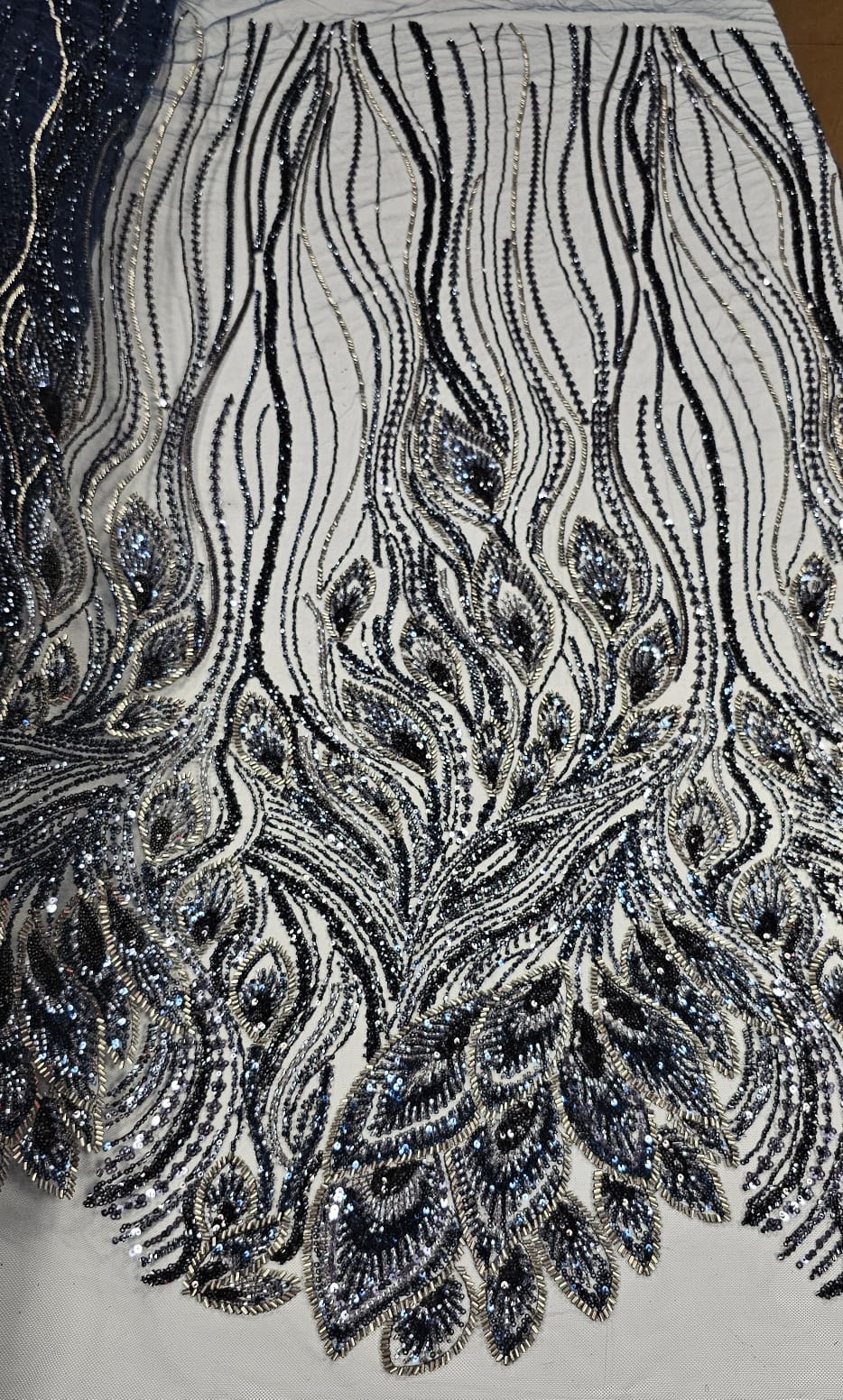 Tule Bordado com Pedrarias Premium Azul Marinho com Cinza Chumbo  Multicolor  Modelo HT98370 