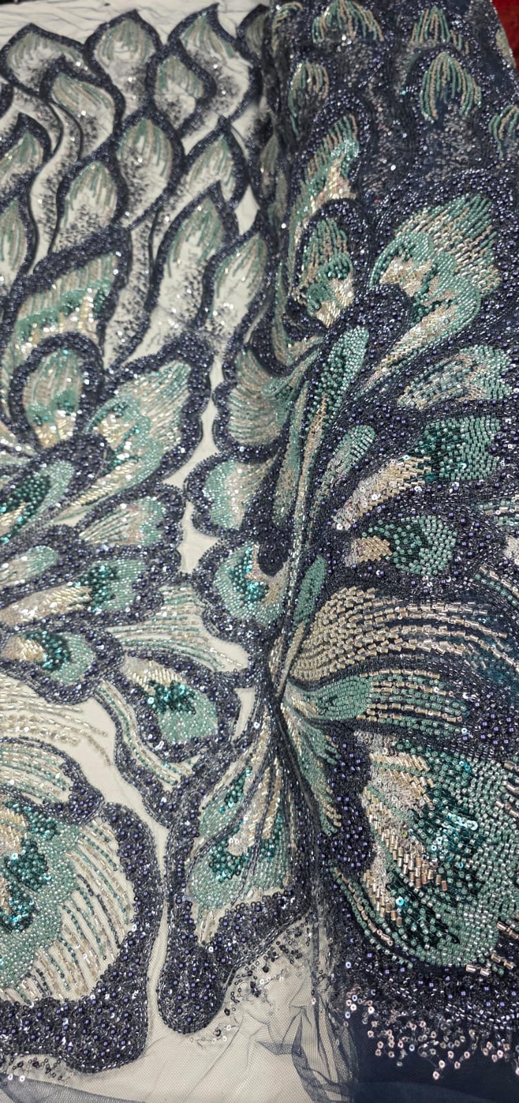 Tule Bordado com Pedrarias Premium Azul  Marinho Multicolor HT70561