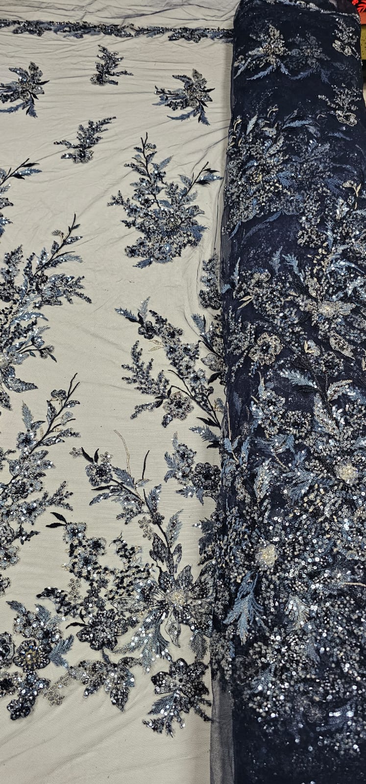 Tule Bordado com Pedrarias Premium Azul Marinho Multicolor 3D  Modelo W1F2758