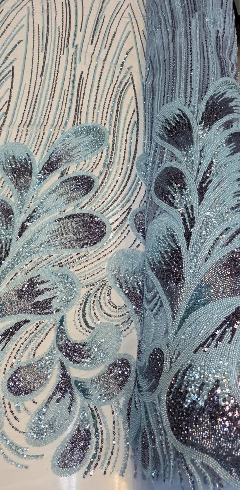 Tule Bordado com Pedrarias Premium Azul Multicolor HT70519 