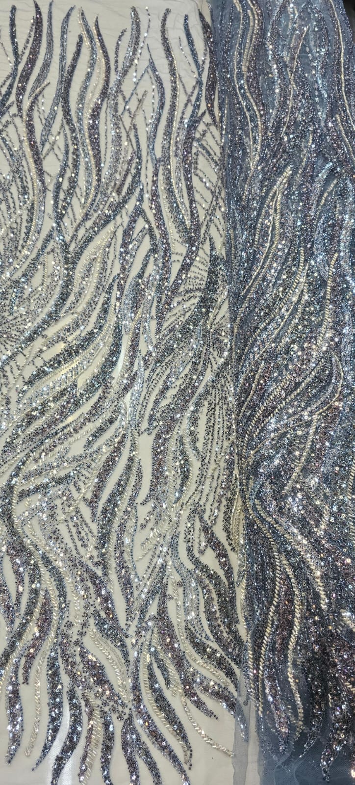 Tule Bordado com Pedrarias Premium Azul Serenity com Prata Multicolor  HT98063 
