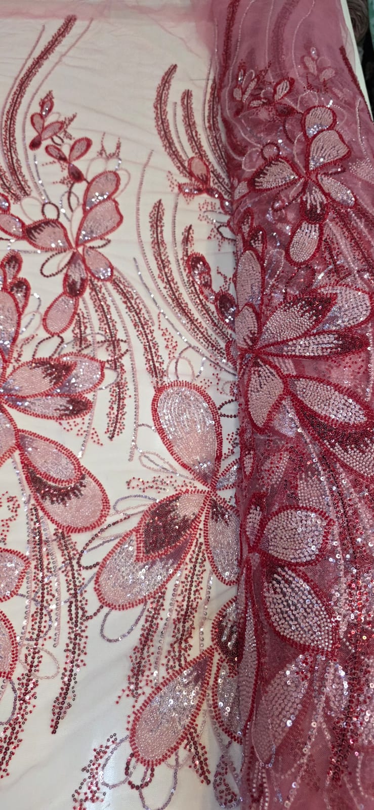 Tule Bordado com Pedrarias Premium Goiaba Multicolor HT70513 