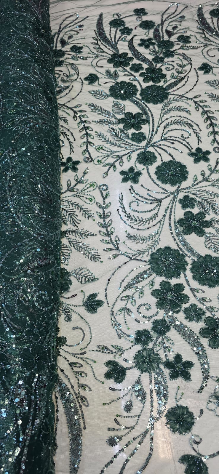 Tule Bordado Com Pedrarias Premium Lumiere 02 Verde Floresta