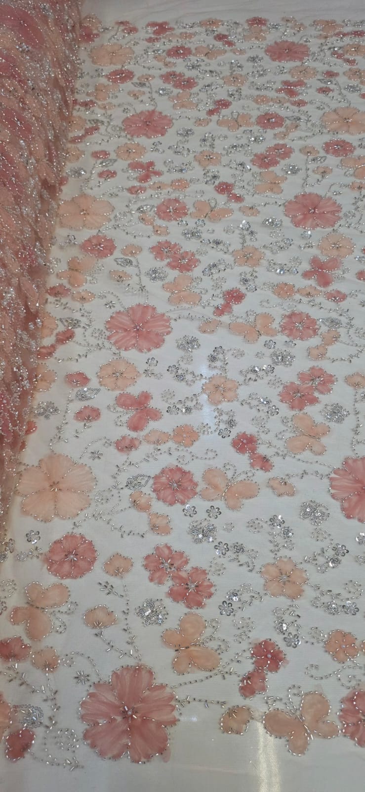 Tule Bordado Com Pedrarias Premium Lumiere Salmão 